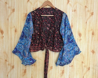 Vintage Silk Sari Crop Top: Handmade Bell Sleeve Tie Top