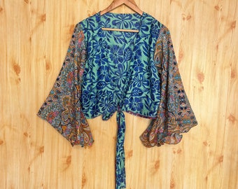 Front Tie Boho Crop Top, New Style Bell Sleeve Silk Wrap Top, Wrap Around Silk Blouse, Comfy Silk Top For Summer, Gift For Her
