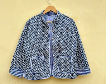 Giacca indiana con stampa a blocchi vintage Giacca collor, giacca Bohemein, giacche a righe. Blu