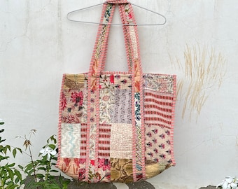 キルティングパッチワークトートバッグ：ハンドメイドコットン