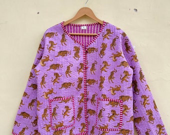 Giacca trapuntata con stampa tigre a blocchi di cotone indiano fatta a mano, cappotto Boho, giacca invernale, giacca a maniche lunghe, due tasche frontali