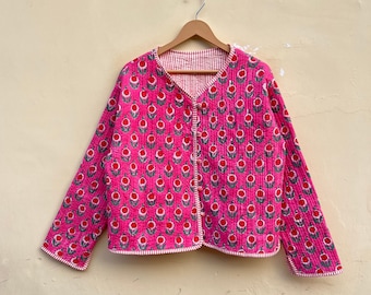 Manteau court imprimé bloc à main rose avec rayures et passepoil, manteau pour femme, manteau Boho de nouveau style, manteau imprimé en bloc, cadeau pour elle