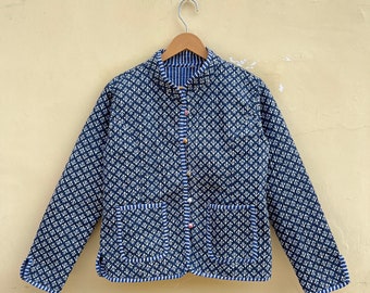 Organic Quilted Indian Cotton Kimono Jacket, Reversible Block Print Fabric, Blue warm Womens Jacket