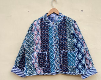 Handmade Blue Patchwork Quilted Jacket: Reversible Boho Cotton Coat