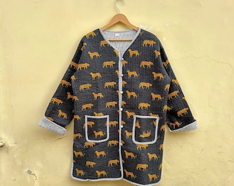Hand Block Print Quilted Kimono Jacket: Long Floral Coat with Pockets