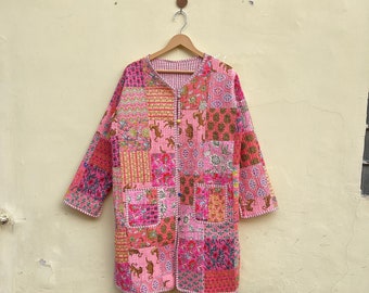 Baumwoll-Patch-Arbeit lange tragen Jacke Baumwolle Steppjacke Frauen tragen Vorderseite offen Kimono Streifen Paspelieren HandMade Peach Vintage