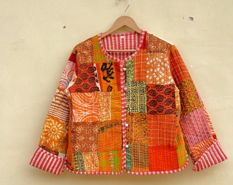 Veste patchwork orange matelassée Patchwork d'hiver Vestes, manteaux, bohème, matelassé, pour manteau indien pour femmes