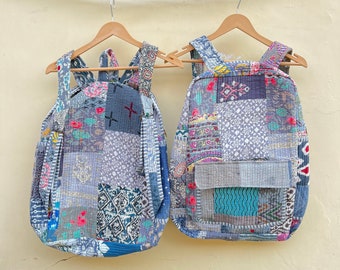 Blue Patchwork Cotton Backpack: Handmade Indian Travel Bag