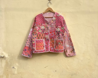 Indische Handarbeit Patchwork Vintage Steppjacke, Mäntel, New Style, Boho, Baumwolljacke Kurz Schwarz Blatt Schwarz Streifen Paspol