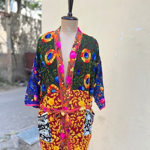 Vintage Indian Silk Kimono Robe: Hand-Embroidered Fulkari Gown