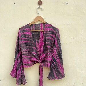 Handmade Silk Tie-Front Crop Top: Bell Sleeves, Boho Hippie Style