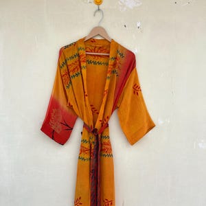 Vintage Indian Silk Kimono: Colorful Crepe Sari Robe, Beach Cover-Up