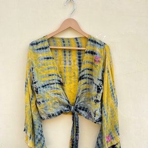 Tie Dye Silk Crop Top: Vintage Boho Bell Sleeve Shirt