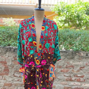 Embroidered Kimono Robe: Indian Fulkari Vintage Style