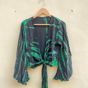 Vintage Tie Dye Silk Crop Top: Bell Sleeve Boho Cardigan