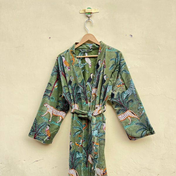 Robes kimono en velours à imprimé jungle verte, manteau en velours Morning Tea, robe de demoiselle d'honneur, robe en velours de coton pour femmes, veste en velours, robe de mariée