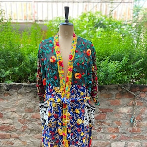 Hand Embroidered Phulkari Kimono Robe: Boho Suzani Print