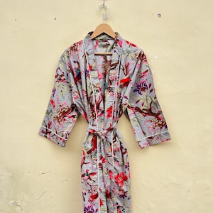 Cotton Kimono Robe Dressing Gown, Block Print Bridesmaid Robe, Summer Nightwear, One Size