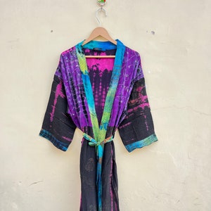 Tie dye kimono, Women bathrobe, Loose fit beach jacket, Boho style natural hand dyed Silk Tie Dye long Kimono