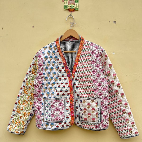 White Printed Burfi Quilted Vintage Jacket Boho Short coat , Kimono style Jacket