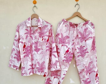 Rosa pyjamasset i bomull med djurtryck: Damens lounge-sovkläder