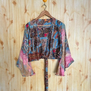 Indian Silk Crop Top: Bohemian Bell Sleeve Tie Top