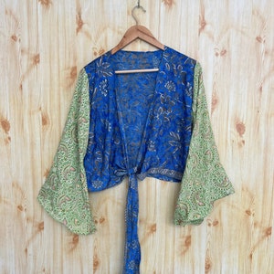 Indian Silk Crop Top: Boho Bell Sleeves Tie Top