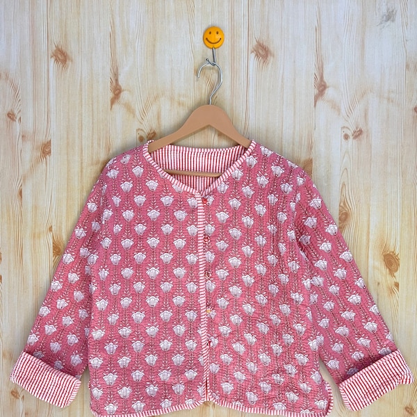 Indian Handmade Vintage Quilted Jacket , Coats ,New Style, Boho, Cotton Jacket Short Blue Pink and white  Stripe Piping