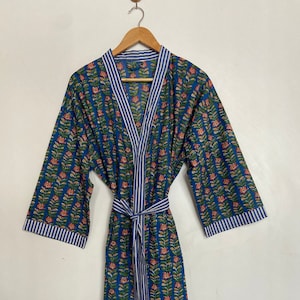 Dark Blue Cotton Kimono Robe: Hand Block Print Floral Beach Cover-Up