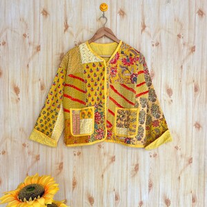 Handmade Kantha Quilted Jacket: Reversible Open Front Kimono