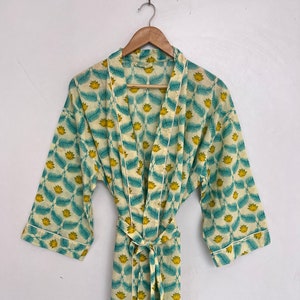 Block Print Cotton Kimono Robe: Floral Summer Nightwear