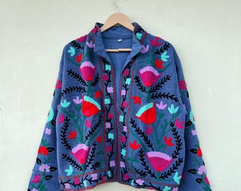 Dark Blue Cotton Suzani Hand Embroidery Jacket Coat, Women Wear Winter Jackets, Bridesmaid Gift, Winter Jacket, Kimono Robe, Bridesmaid