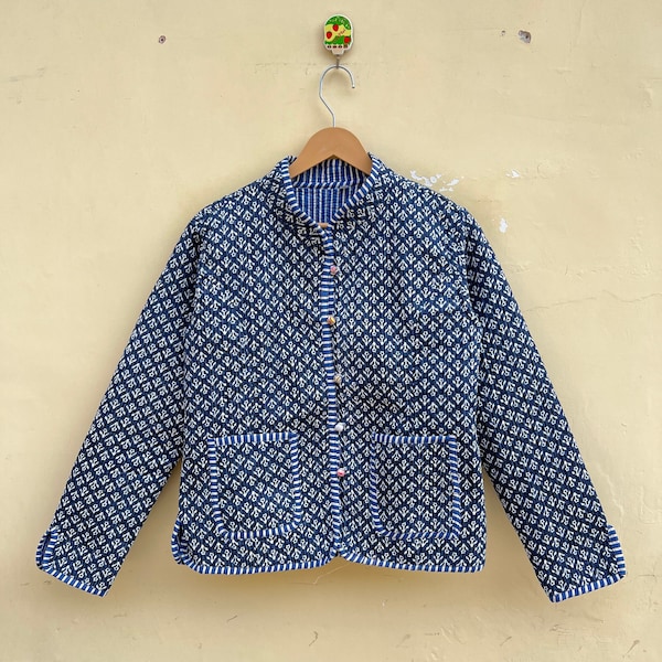 Organic Quilted Block Printed Indian Cotton Kimono Jacket, Reversible Block Print Fabric, Blue warm Womens Jacket