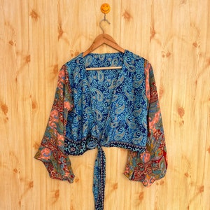 Handmade Silk Crop Top: Vintage Bell Sleeve Wrap Top