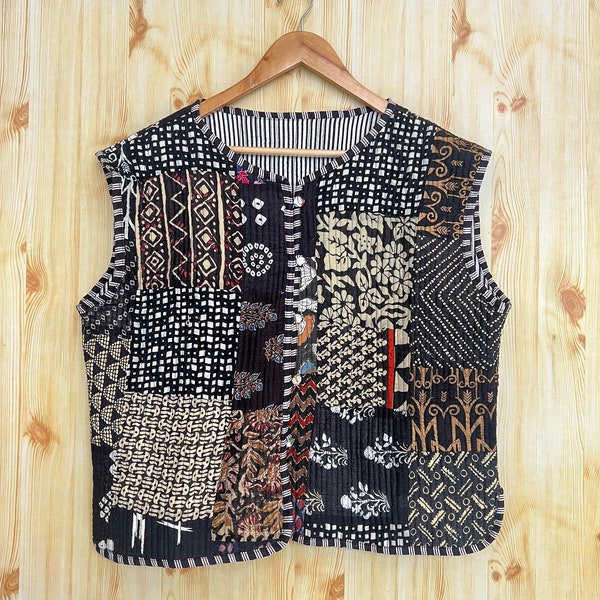 Vestes patchwork en coton sans manches, manteau veste d'hiver fait main en coton indien, veste style bohème, veste courte matelassée kantha unisexe