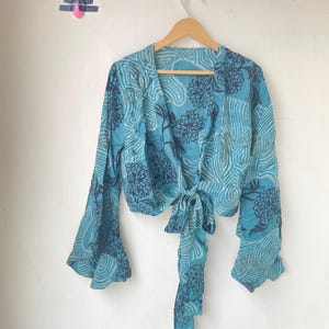 Floral Print Silk Tie Top: Bohemian Bell Sleeve Crop Top