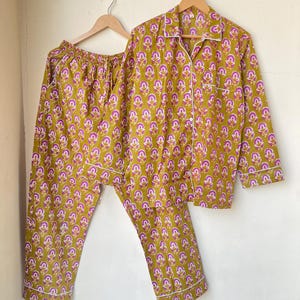 Luxury Hand Block Printed Pajama Set, Soft Cotton Night Suit, Pajama Party Gift, Bridesmaid PJ Set, Shirt with Pajama, Loungwear Pajama Set