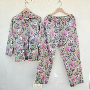 Indian PJ Set,100% Cotton Block Print Pajama Set, Night Wear, Bridesmaid Pajama Set, Womens pajamas Set Cotton Pants Shirt sets,Summer Dress