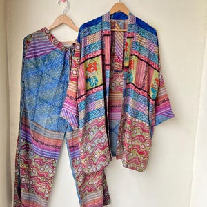 Recycled Crepe Silk Pajama Set: Embroidered Kimono Robe, Sustainable Sleepwear
