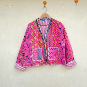 Handmade Indian Cotton Quilted Kimono Jacket: Reversible Patchwork Coat
