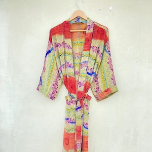 Hand Stitched Silk Kimono Robe: Indian Sari, Festival Loungewear