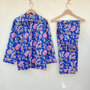 Blue Floral Cotton Pajama Set: Indian Block Print Nightwear