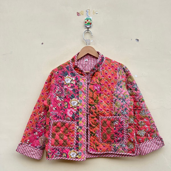 Cotton Hand Made Kantha Jacket Quilted Jacket HandMade Vintage Quilted Jacket , Coats , New Style, Boho Peach Rainbow