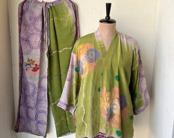 Hermoso kimono de seda con pijama, conjunto de verano, elegante vestido de estar por casa con estampado floral, conjunto de kimono para mujer, bata kimono corta de seda
