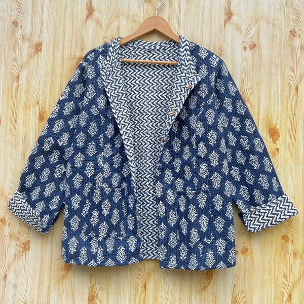 Reversible jacket Kantha jacket Indian handmade  Cotton jacket Blue Indigo jacket for women Vintage jacket Petch work jacket