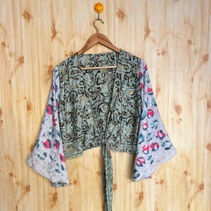 Handmade Indian Silk Crop Top: Boho Bell Sleeve Tie Top
