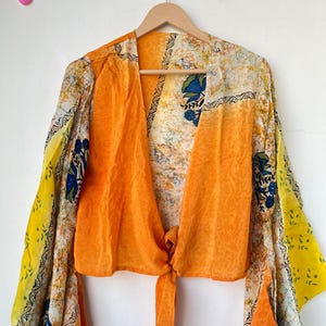 Floral Silk Crop Top: Bell Sleeve Wrap Tie, Boho Hippie Style