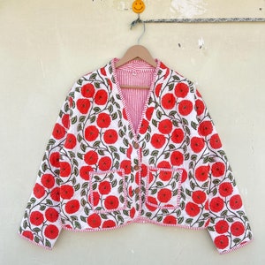 Reversible Jacket Indian handmade Pure Cotton Quilted Jacket For her , Floral print Kimono style short jacket ,Gift for Her