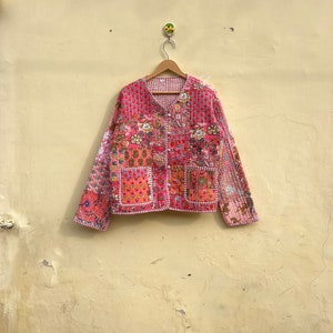 Indische Handarbeit Patchwork Vintage Steppjacke, Mäntel, New Style, Boho, Baumwolljacke Kurz Schwarz Blatt Schwarz Streifen Paspol Bild 1