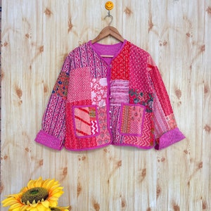 Handmade Cotton Kantha Quilted Jacket: Boho Pink Rainbow Coat